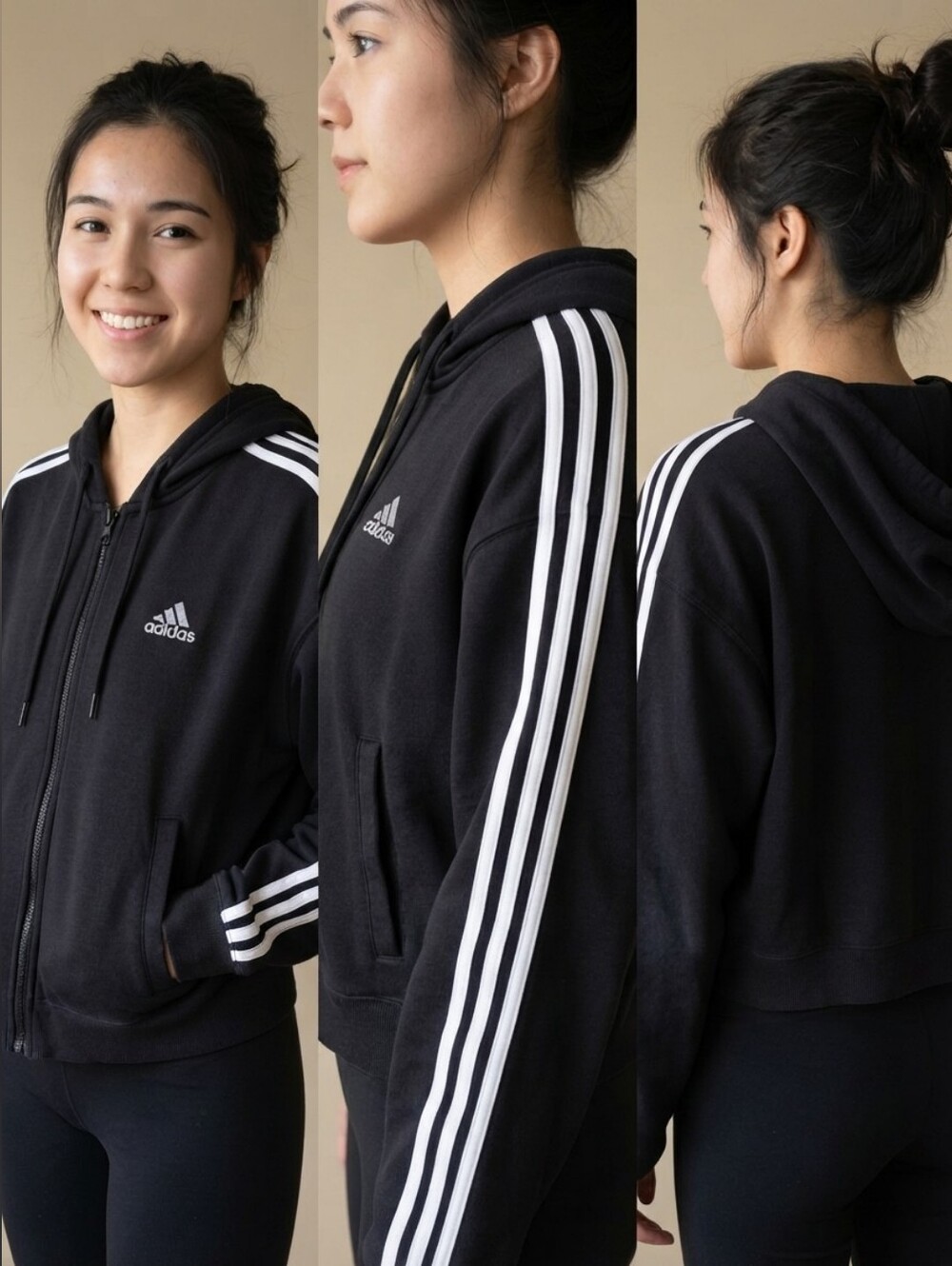 Adidas Women's 3-Stripes Full Zip Cropped Hoodie Jacket – Black / White (Size S)